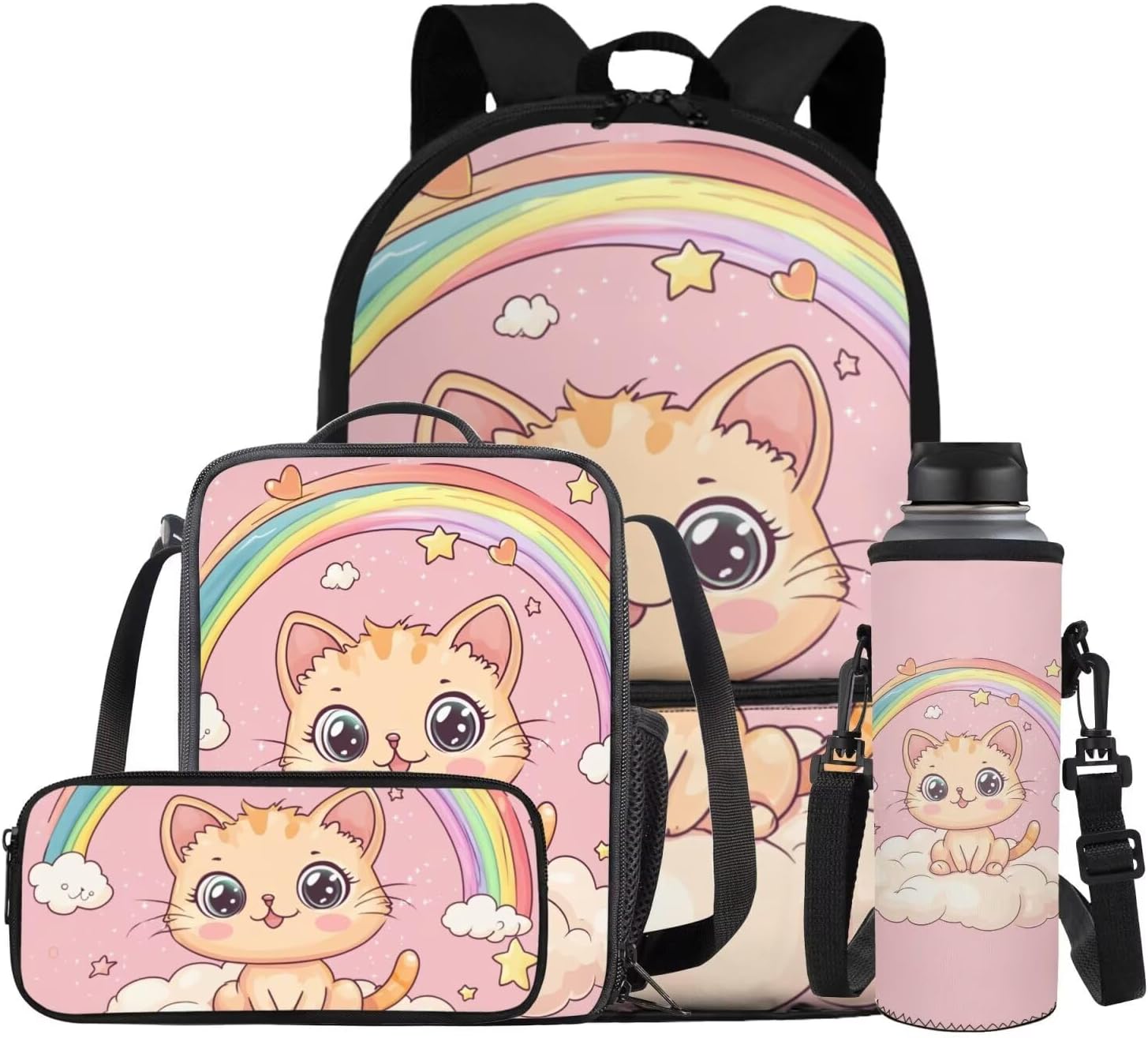 Gomyblomy Rainbow Cat Backpack for Girls 6-8 8-10 Kawaii Pink Girls Backpacks with Lunch Box Set for Elementary Kindergarten 4 in 1 Set Kids Book Bag for School Travel Shoulder Bag Daypack