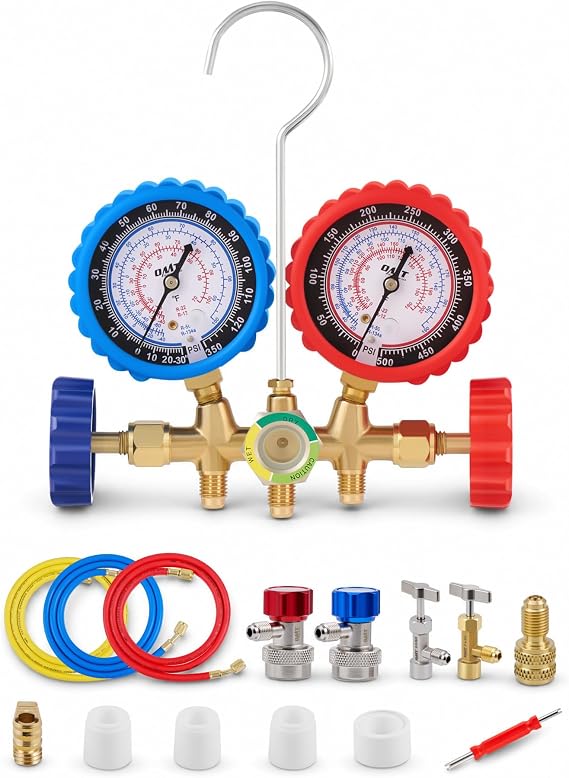 OMT 3-Way AC Gauges for R134a R12 R22 R502 Refrigerant, 5ft Hoses