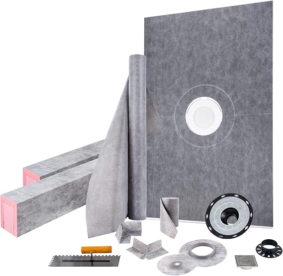 VEVOR Shower Curb Kit, 48"x72" Watertight Shower Curb Overlay with 4" ABS Central Bonding Flange, 4" Stainless Steel Grate, 2 Cuttable Shower Curb and Trowel, Shower Pan Slope Sticks Fit for Bathr