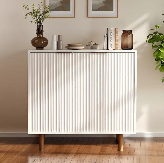 Wooden Fluted Cabinet, Multi-Function Sideboard, White