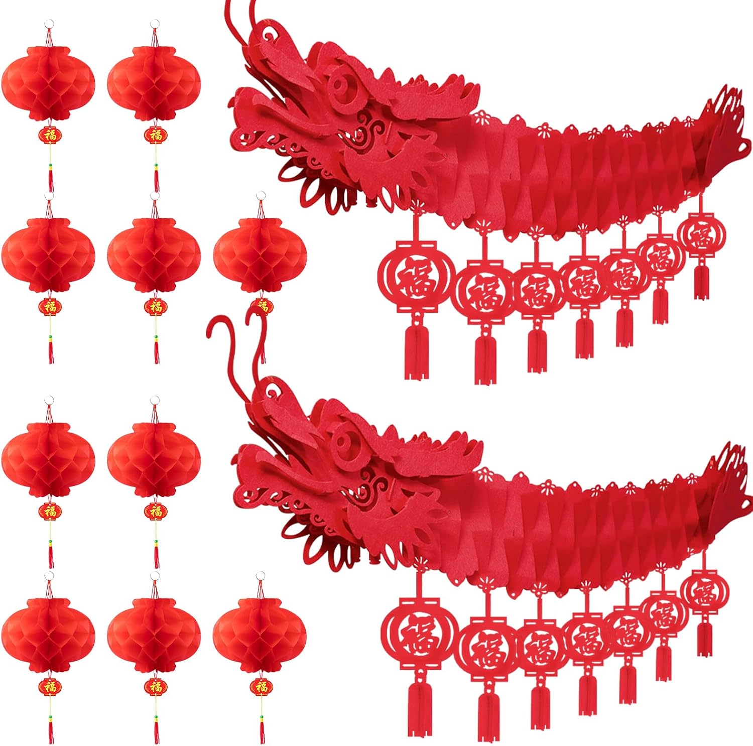 3D Chinese New Year Dragon Ceiling Decorations, Chinese Dragon Decoration with 2 Chinese Dragon and 10 Chinese Lanterns for Lunar New Year Decorations 2025 Chinese Spring Festival Party