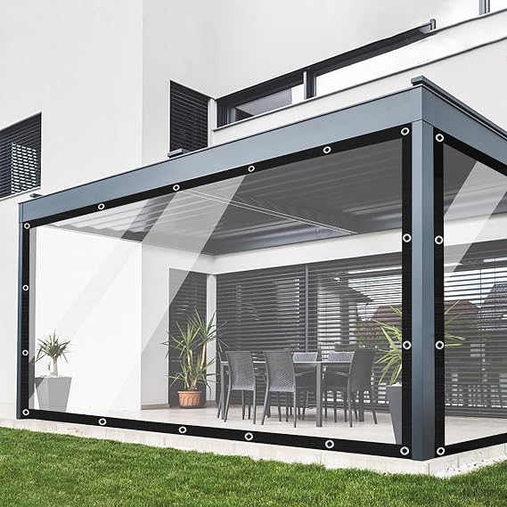 Clear Outdoor Vinyl Curtain, PVC Tarp, Waterproof Tarpaulin, 100% Weather Resistant, for Pergola, Porch, Gazebos, with Rustproof Grommets
