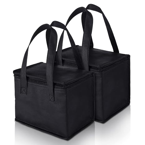 2 Pack Small Insulated Bag 6 Cup Reusable Drink Carrier Bag Travel Cooler Bag Food Delivery Bag Insulated Tote Bag with Zipper Grocery Freezer Bag for Food Drink Take Out Travel Picnic, Black