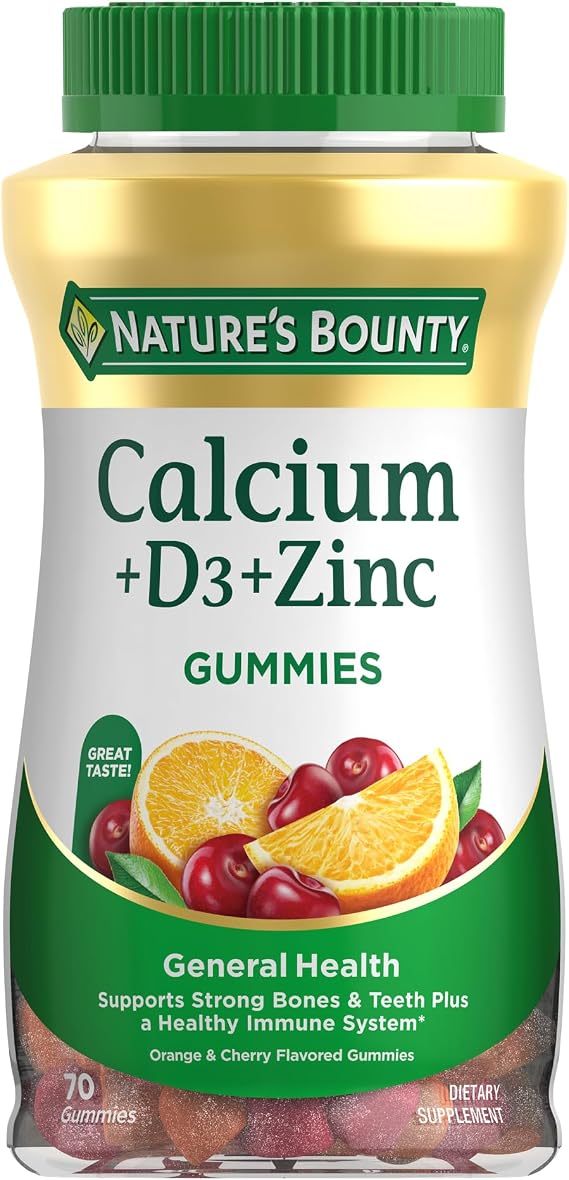 Nature's Bounty Calcium + D3 + Zinc Gummies, 500mg, 70ct | Orange & Cherry, Supports Strong Bones & Teeth, Healthy Immune System