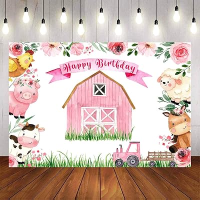7x5ft Girl Farm Party Backdrop Flowers Farm Animals Birthday Photography Background Pink Barnyard Grass Animasl Bday Banner Supplies Cake Table Decorations