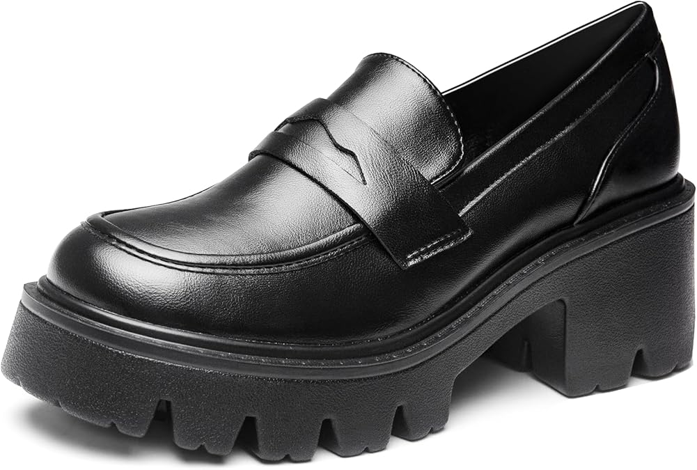 Black Penny Loafers for Women - Women's Slip-On Platform Patent Leather Loafers, Chunky Comfort Shoes for Work & Dressy Occasions