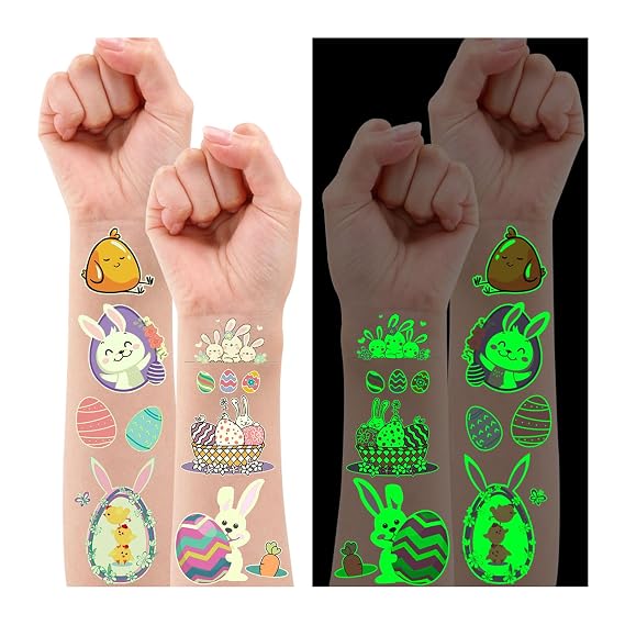Partywind 132 PCS (12 Sheets) Luminous Easter Temporary Tattoos for Kids Basket Stuffers, Glow Easter Decorations Party Favors Supplies Essentials, Easter Games for Toddlers Boys Girls
