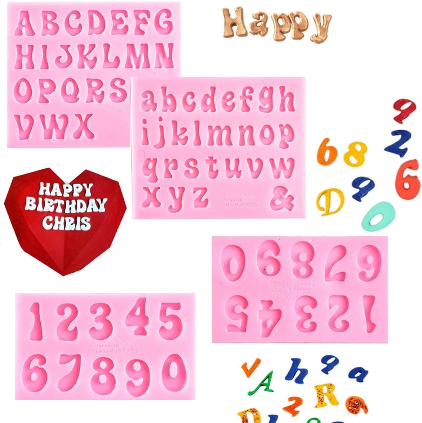 4 Pcs Silicone Letters Numbers Mold, Chocolate Fondant Candle Mould, 3D Silicone Mould Alphabet Number Biscuit Ice Cube Gummy Making Tray DIY Baking Mold for Cake Dessert Decoration