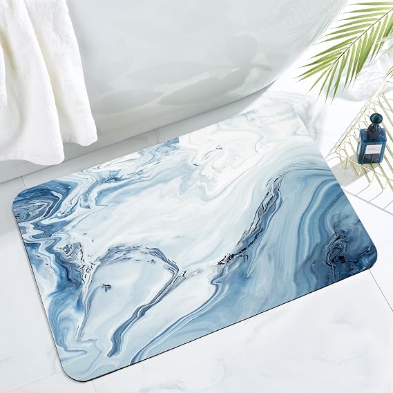 MitoVilla Blue Marble Bathroom Rug Mat, 17" x 24", Non Slip, Absorbent, Diatom Mud, Modern, Machine Made, Low Pile, 3.5mm Thick, Bath Mat