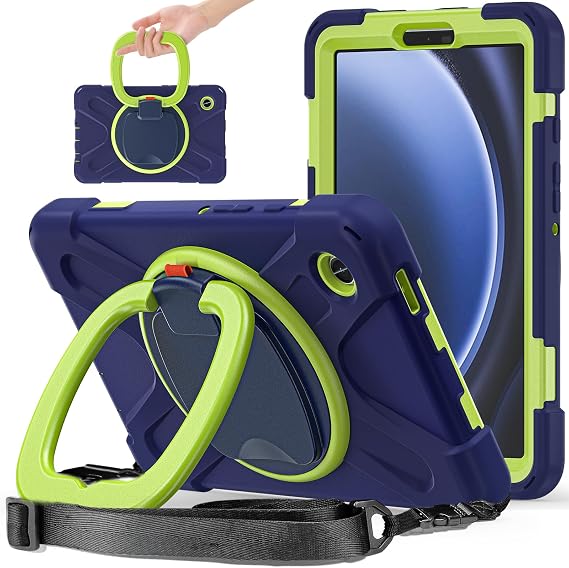 Heavy Duty Case for Fire HD 10/HD 10 Plus 11th Generation 2021 | Rugged Shockproof Cover with Rotating Hand Strap,Carrying Shoulder Strap,Kickstand for Outdoor, Navy Blue+Green