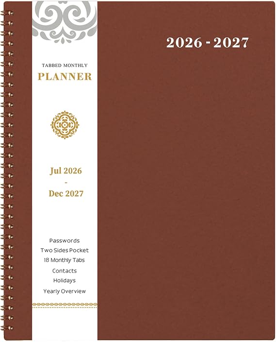2026-2027 Monthly Planner - Planner/Calendar 2026-2027, Jul 2026 - Dec 2027 | 9" x 11", 18 Monthly Planners with Tabs, Pocket, Label, Contacts and Passwords, Twin-Wire Binding- Reddish Brown