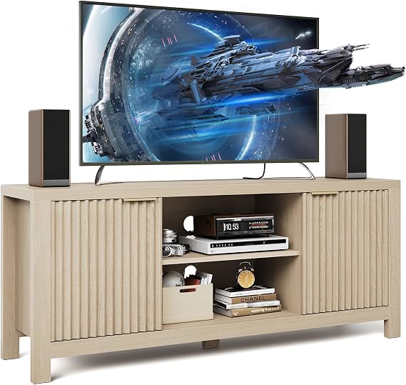 59" TV Stand for TVs Up to 65 Inches, Mid Century Modern TV Entertainment Center with Storage Cabinets & Open Shelves, Wood TV Cabinet for Living Room, Gray Oak