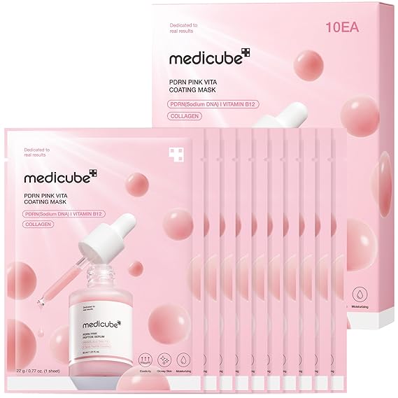 medicube Salmon DNA PDRN Pink Vitamin Coated Sheet Mask 10EA | Sheet Mask for Hydration, Firming, and Balanced Skin - Luxurious At-Home Care, Korean Skin Care, 0.77oz, 10ea