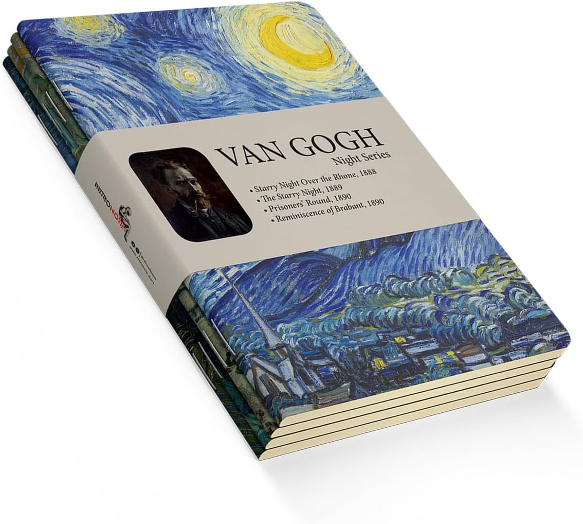 Retronote Night Series - A5, Van Gogh 4-Piece Notebook Set I, Unlined, Total 256 Pages, 64 Pages Each, Wire Stitching, Flexible Cover, Oval Edge, Canvas Texture, 60 grams, Yellow Cream Color