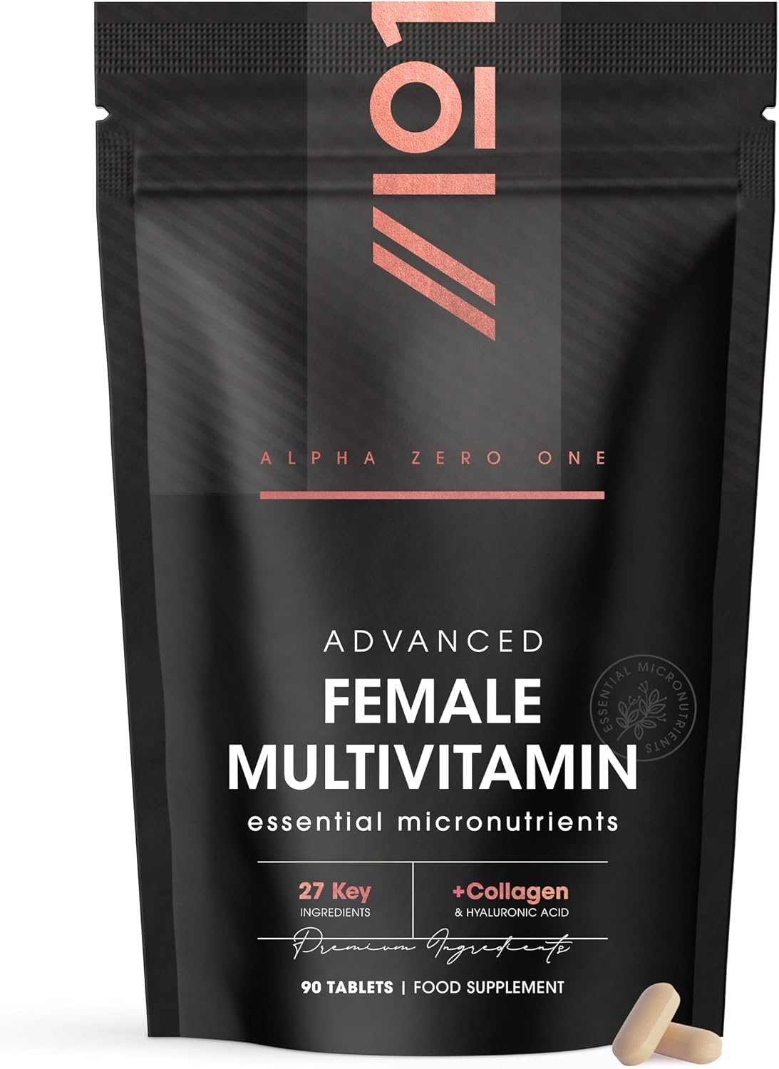 Women's Multivitamins & Minerals with Collagen & Hyaluronic Acid - 27 Essential Vitamins, Minerals, Botanicals - 90 Tablets – No Synthetic Fillers or Binders – by Alpha01