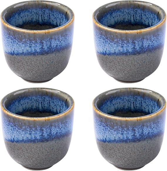 Ceramic Sake Cup Set of 4, 2.04'' Porcelain Handcrafted Tea Cups | Elegant Blue and Gray Glaze Saki Tasting Cup for Espresso, Hot or Cold Sake, Wine and Soju. Dishwasher Safe