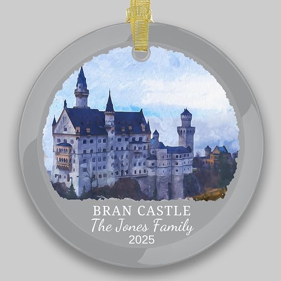 Custom Bran Castle Christmas Glass Ornament, Personalized Romania Travel Gift, Holiday Keepsake, Family Vacation Souvenir, Traveler Gift, Custom Couple