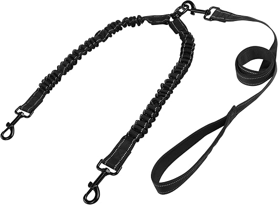 YAODHAOD Double Dog Leash for Two Dogs, 360 Swivel No Tangle with Soft Handle,Shock Absorbing Bungee Reflective Heavy 2 Dog Leashes, Walking & Training Leash Two Dogs Splitter (Black)