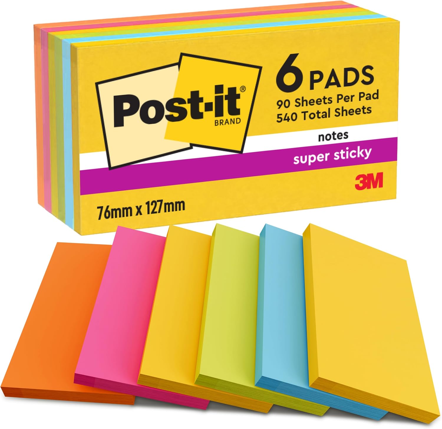 Post-it Super Sticky Notes Carnival Color Collection, Pack of 6 Pads, 90 Sheets per Pad, 76 mm x 127 mm, Yellow, Blue, Green, Pink, Orange Colors - Extra Sticky Notes for Note Taking & to Do Lists