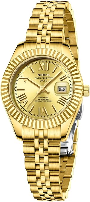 NIBOSI Women's Analog Quartz Watch, Gold Silver Stainless Steel Band, Date