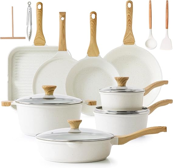 SENSARTE 23 PCS Nonstick Ceramic Cookware Set, PFAS/PFOA Free, Induction | Non Toxic Pots and Pans, Healthy Kitchen & Home Cooking Set with Stay-Cool Handles, Silicone Tools and Pot Protectors, White