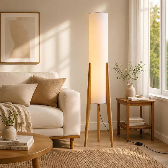 BOFEA-50 Floor Lamps for Living Room,Nordic Modern Floor Lamp,Tall Standing Boho Lamp with Fabric Shade,3 Color Art Standing Lamps,Farmhouse Wood Floor Lamp for Bedroom Office Corner | White Fabric Tall Lamp with Foot Switch&3 Color temperature,Decorative Tower Shade Lamp for Bedroom