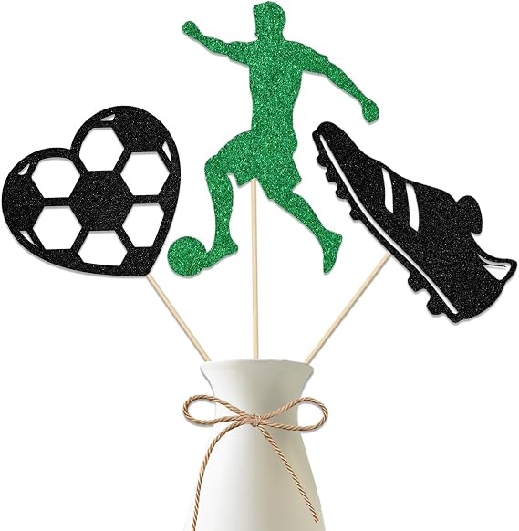 Sport Soccer Centerpiece Sticks, Soccer Player Theme Birthday Decorations, Football Sport Baby Shower Party and Wedding Supplies Green Black 12 Pieces