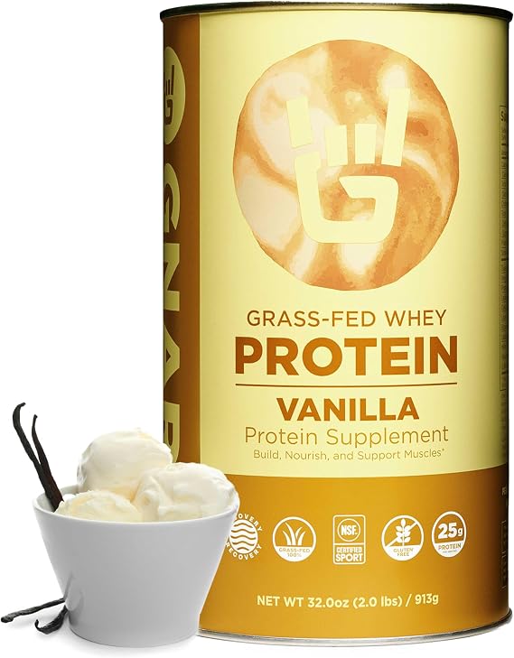 Gnarly Nutrition Vanilla Protein Powder NSF Sport Certified 25g Protein, Muscle Repair Grass Fed Whey Powder, Smooth Taste Vanilla, 32 oz