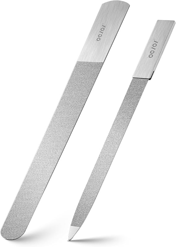 BEZOX Metal Nail File Kit - 2PCS Professional Stainless Steel Long Nail Files & Buffers for Natural/Acrylic Nails, Professional Fingernail Files and Buffers for Salon & Home Use - Silver
