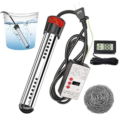 LBFXQ Cast Heater, 1500 W, Thermometer Included, Electric Immersion Water Heater Rod, Pool Heater, Automatic Power Off, Immersion Water Heater, Suitable for Inflatable Pool, Home, Outdoor, School, etc. Includes Wire Scrubber and Japanese Manual English Language Not