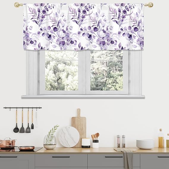 MitoVilla Purple Plant Leaves Valance Curtains for Living Room, Modern Elegant Pattern Semi Sheer Kitchen Valances for Windows, Rod Pocket Short Window Treatment Decor, 52x18