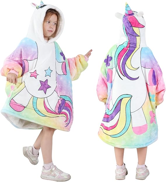 Kids Wearable Blanket Hoodie, Oversized Sherpa Wearable Blanket with Hood Pocket and Sleeves for Toddlers, Cute Hoodies 2-6 Year Old Girls Boys Youth Birthday Gifts (Unicorn)
