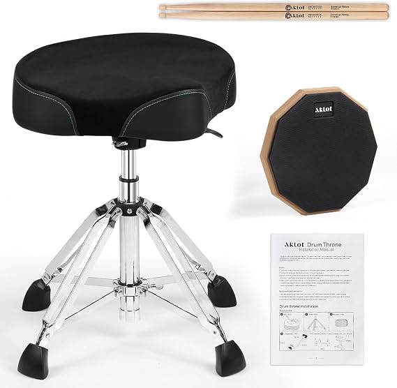 AKLOT Saddle Drum Throne, Disassemble Hydraulic Drum Throne with Drum Stick Drum Pad, Heavy Duty Drum Seat, Height Adjustable Suede Drum Chair, Motorcycle Style Drum Stool for Adults Drummers Black