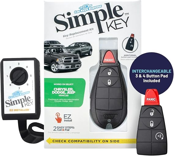 Simple Key, Key Fob and Key Programmer with Interchangeable 3 & 4 Button Keypads Compatible for Select Chrysler, Dodge, Jeep, Ram, Volkswagen Vehicles, Simple Key Replacement Kit