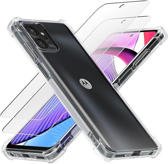 KIOMY Clear Case for Motorola Moto G Power 2023 5G with 2pcs HD Tempered Glass Screen Protectors Hybrid Anti Yellow Hard PC Panel with Flexible TPU Frame Shockproof Bumper Protection Transparent Cover
