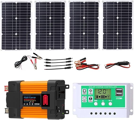 Complete Solar Inverter Kit 4000W/6000W Inverter with 100W Panels & 50A Charge Controller, Off-Grid Power System for Home Backup, RV, Cabin, Outdoor Energy Use(6000W,12V-220V)