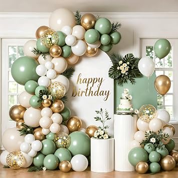 Sage Green Balloon Arch Kit,134 pcs Sage Green Sand White Metallic Gold Matte White Confetti Latex Balloons for Bridal Shower Bachelor Party Wedding Birthday Party Decorations.