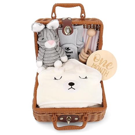 Personalised Baby Gift Set for Birth - Newborn Gift Basket for Girls & Boys with Organic Cotton Blanket Wooden Toy Plush Toy & Greeting Card Birth Cards Socks