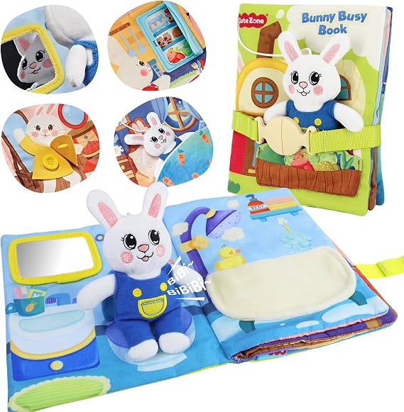 Busy Book for Toddlers 1-3, Toddler Travel Toy and Montessori Quiet Book with Attached Bunny, 12 Fine Motor Activities Gifts for 1 Year Old Boys Girls Birthday Gift
