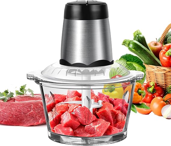 Electric Food Processors & Chopper with 2L Glass Container, Food Processor Vegetable Chopper with 2 Speeds Setting, Meat Grinder with 4 bi-Level Blades for Meat Vegetable Fruit