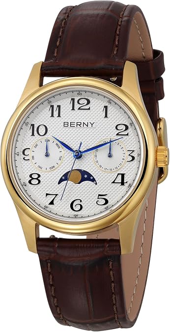 BERNY Silver Watch for Women Moon Phase Watches Ladies Quartz Wristwatch Easy Read Arabic Numerals Dial Multi-Function Analog Watches Stainless Steel Case Sub-dial with Date Day Calendar
