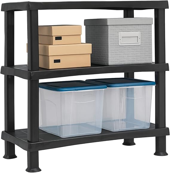 3 Tier Plastic Black Shelving Storage Unit - Free Standing Racks - Each Shelf Can Hold Up to 25kg - Heavy Duty Organizer Rack for Home & Office - (1x, Black - 3 Tier Shelf)