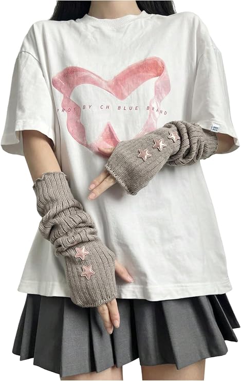 Verdusa Women's Y2k Arm Warmers Heart Knit Arm Sleeves Fingerless Gloves