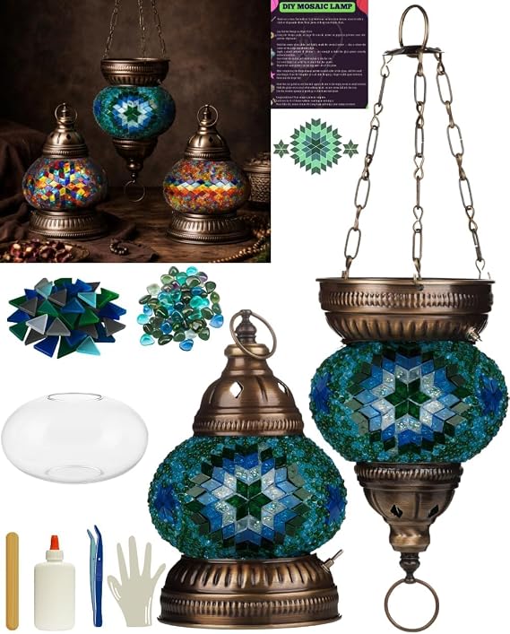 DEMMEX DIY Turkish Mosaic Lantern Kit Beginner-Friendly Tiffany Glass Craft Project for Adults & Teens, Brass Finish, Battery Operated, Convertible Tabletop or Hanging Lantern (Turquoise&Green)