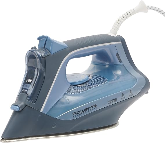 Rowenta Express Steam DW4320 Steam Iron 2500 W, Microsteam 300 Laser Sole, Steam Output 40 g/min, Steam Stroke 160 g/min, Vertical Iron, Integrated Anti-Limescale System, Large Slide, Blue | with steam boost 160 g/min, stainless steel plate, anti-limescale system, drip protection, eco mode, 2500 W
