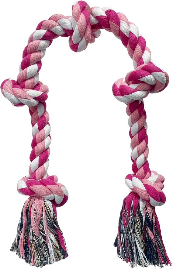 Tough Dog Rope Toy for Large Aggressive Chewers Heavy Duty Chew Toys,Pink | Interactive Tug of War Toys,Cotton,Teeth Cleaning,3 Feet5 Knots,Relieve Anxiety Energy Releaser,Dog Training Assistant