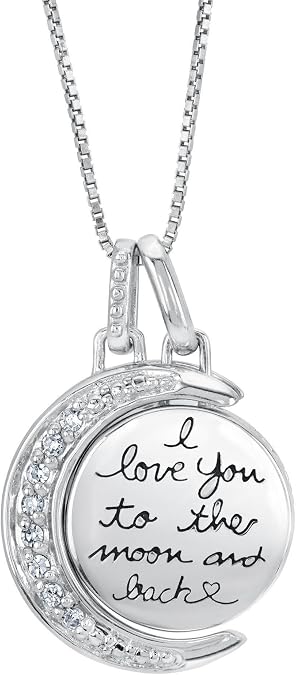 Women's 925 Sterling Silver I Love You To The Moon And Back Circular Pendant Necklace, 1/15 ctw (Carat Total Weight) Diamond Filled Moon Shaped Pendant, 18" (Inch) Box Chain Necklace With Lobster