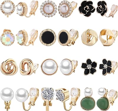 NEWITIN 12 Pairs Clip On Earrings for Women Cute Earring Crystal Pearl Stud Charming Fashion Earring Non Piercing Clip on Stud Earrings for Women