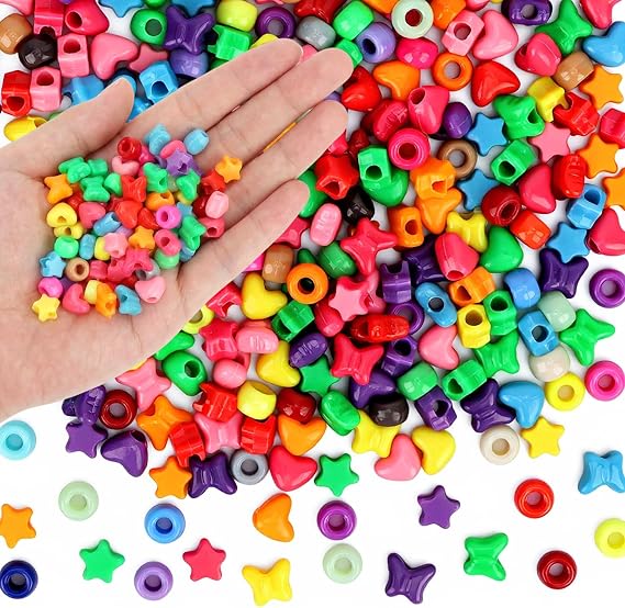 300PCS Assorted Pony Beads Bulk for Bracelets, 9mm Plastic Craft Beads with Heart Star Butterfly Charms for DIY Jewelry Making, Keychains, Hair Braids