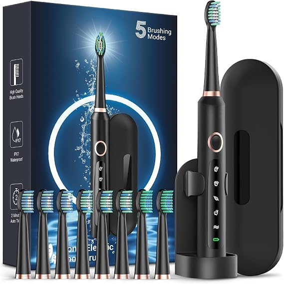 Rtauys M5 Electric Toothbrush for Adults - Sonic Electric Toothbrush for Kids and Adults with 8 Brush Heads & Travel Case, 120 Days Battery Life - Black